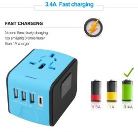 หัวแปลงปลั๊กไฟ Universal travel adapter, 4 USB Charger 3.4A (3 smart USB + 1 Type-c) รหัส TRV-5002