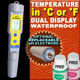 ขายเครื่องวัดกรดด่าง และอุณหภูมิ (pH/Temperature Meter) กันน้ำได้ เปลี่ยนหัวอ่านได้ + ฟรี! Calibrate Solution 2 ขวด
