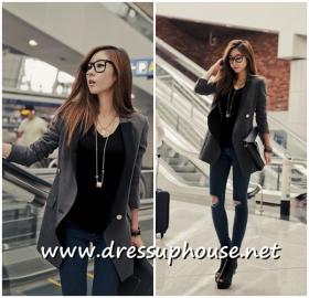 dressuphouse รหัส 266 เสื้อสูทคุณภาพดี สีเทาดำ ตัวยาวมีปกดำ  แต่งกระดุมสวย