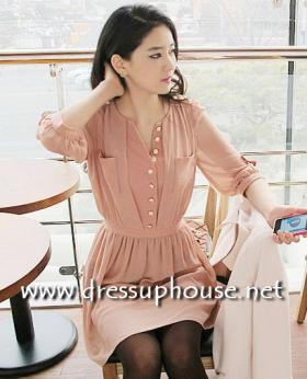 dressuphouse เดรสสีชมพูโอลด์โรส แขนสามส่วน  แต่งกระดุมสวย (558)