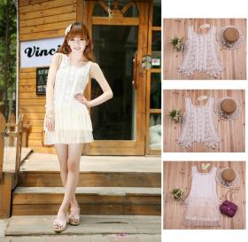dressuphouse ชุดเดรสสั้น 2 ชิ้น สีครีม  แต่งผ้าลายถักสวย (605)