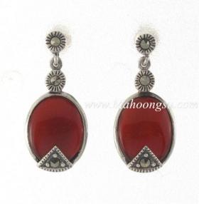 ต่างหูเงินแท้ 925 ทรงรีหินอาเกทแดง มาร์คาไซท์ (Marcasite)