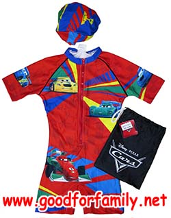 ชุดว่ายน้ำเด็ก Wetsuit แขนสั้น ซิปหน้า Cars Lightning Mcqueen สีแดง หมวกว่ายน้ำ เว็ทสูทเด็ก บอดี้สูทเด็ก คาร์ส รหัส swmcar007