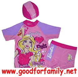 ชุดว่ายน้ำเด็ก เสื้อ-กางเกง-หมวก Barbie สีชมพู บาร์บี้ หมวกว่ายน้ำ เสื้อว่ายน้ำ กางเกงว่ายน้ำ เสื้อผ้าเด็ก ชุดว่ายน้ำเด็กผู้หญิง รหัส swmbar056