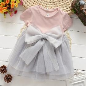 ชุดเดรสเด็กกระโปรงฟรุ้งฟริ้ง ใส่เที่ยว ใส่ออกงาน ใส่เล่นชิววว สีชมพู+เทา ประดับโบว์ด้านหน้า