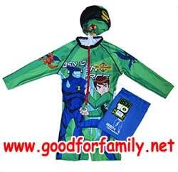 ชุดว่ายน้ำเด็ก Wetsuit แขนยาว BEN10 สีเขียว หมวกว่ายน้ำ เว็ทสูทเด็ก บอดี้สูทเด็ก เสื้อผ้าเด็ก เบนเทน รหัส swmben179