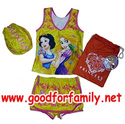 ชุดว่ายน้ำเด็ก เสื้อ-กางเกง-หมวก Princess สีเหลือง เจ้าหญิง หมวกว่ายน้ำ เสื้อว่ายน้ำ กางเกงว่ายน้ำ เสื้อผ้าเด็ก ชุดว่ายน้ำเด็กผู้หญิง รหัส swmpri074