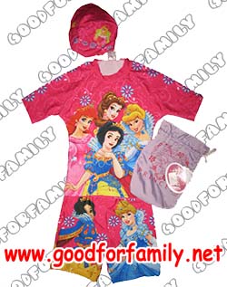 ชุดว่ายน้ำเด็ก เสื้อแขนสั้น-กางเกงขาสั้น Princess สีชมพู หมวกว่ายน้ำ กางเกงว่ายน้ำ เสื้อผ้าเด็ก เจ้าหญิง ชุดว่ายน้ำเด็กผู้หญิง รหัส swmpri060
