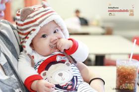 หมวกเด็กลายขวาง แต่งหูน่ารักพร้อมซับใน  (สีน้ำตาลอมส้ม)