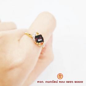 แหวนพลอยโกเมน พลอยแท้จากจันทบุรี ตัวเรือนทองคำแท้ 90% ขนาดแหวน 54 สินค้ามีใบรับประกัน