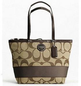 ขาย coach Coach Signature Stripe Tote In Khaki with Mahogany Stripe f17433