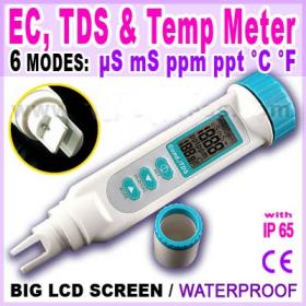 เครื่องวัดค่าอีซี EC, TDS, อุณหภูมิ 3in1 ในตัวเดียว สำหรับปลูกผักไฮโดรโปนิกส์ ฟรี! บัฟเฟอร์ 1.41mS และ 5.00 mS ขนาด 30 ml. ราคารวม 400.-