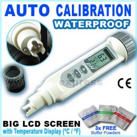เครื่องวัดกรดด่าง และอุณหภูมิ สำหรับปลูกผักไฮโดรโปนิกส์ กันน้ำได้, Auto Calibrate ฟรี! Buffer Powder 4 7 10, น้ำยารักษาหัวอ่าน Hanna 15 ml. รวมราคา 450 บาท