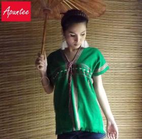เสื้อกะเหรี่ยงทอมือจากฝ้ายแท้ๆ ลายโบราณสีเขียว รอบอก46นิ้ว ยาว25นิ้ว