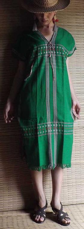 Dress กะเหรี่ยง ทอด้วยมือจากฝ้ายสีเขียว