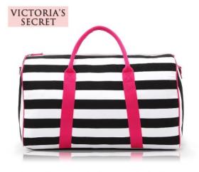 ขาย Victoria's Secret Victoria's Secret VS Striped Weekender Bag กระเป๋าเดินทางผ้าแคนวาสลายขาวดำ แถบสีชมพูสุดน่ารัก